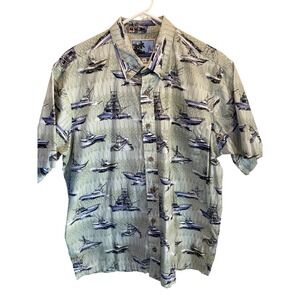 AFICO Bluewater Mens L Button Down Short Sleeve Fishing Boat Hawaiian Shirt